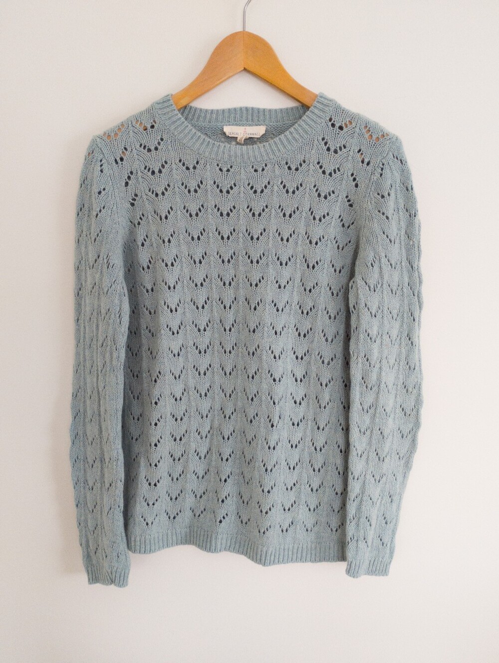 Seasalt Cornwall Heather Path Jumper Pointelle Cable Knit Sweater Light Blue 10